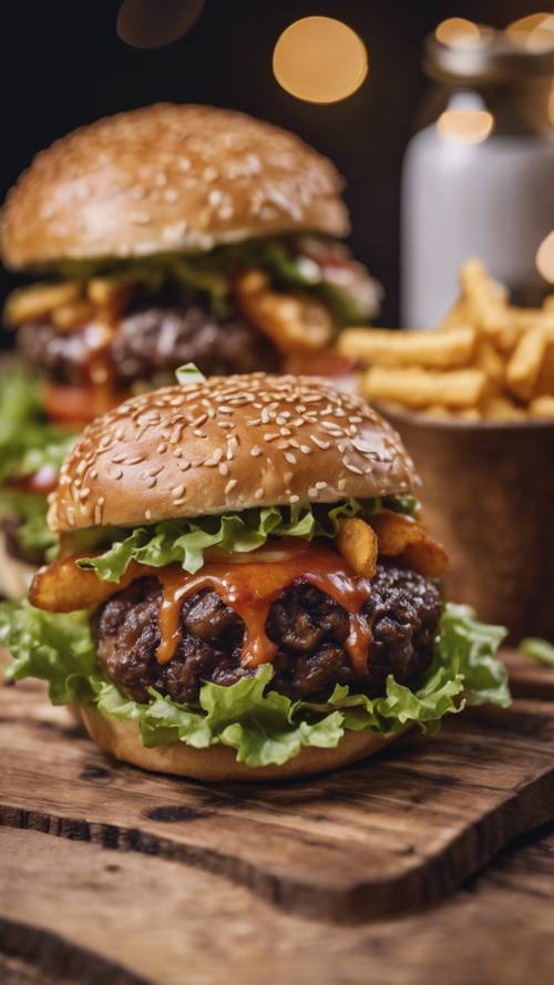 A close up of a gourmet burger on a wooden serving board.