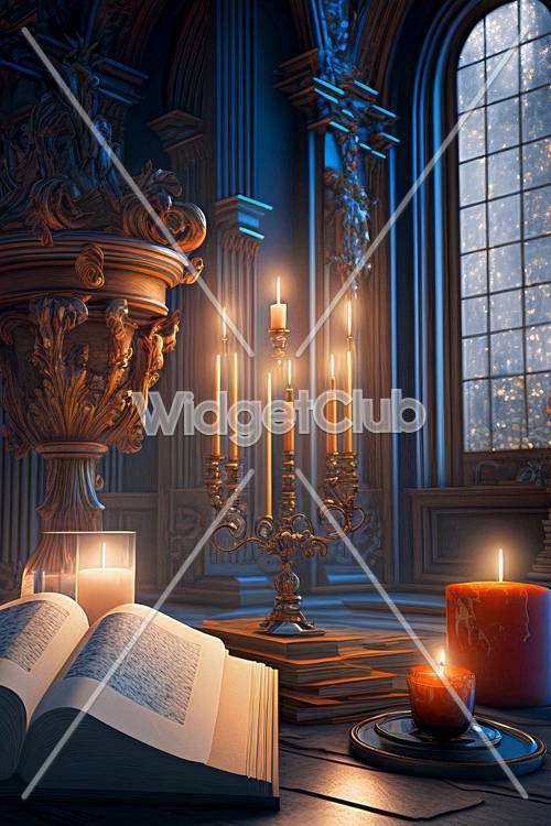 Bougies et livres de bibliothèque enchanteurs dans une pièce magique
