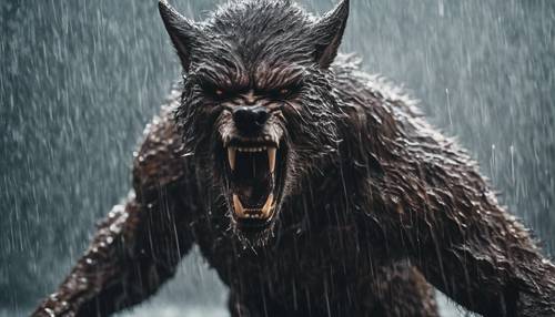 Manusia serigala yang marah sedang menggeram, berdiri di tengah hujan.
