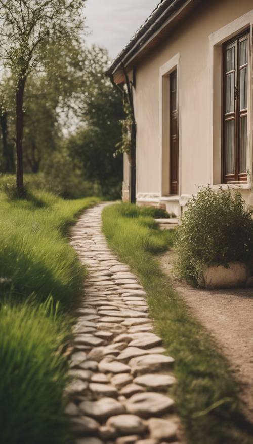Un chemin bordé d&#39;herbe verte, menant à une chaleureuse maison de campagne beige.