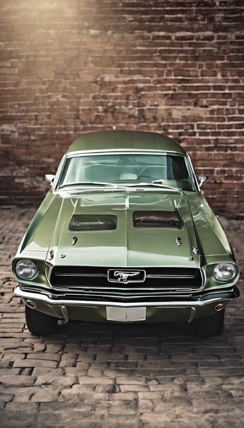 Une Ford Mustang vintage de couleur vert sauge avec des accents chromés, capturée sur un fond de mur de briques grunge.