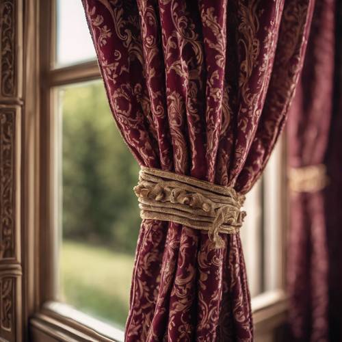 Victorian curtains with a traditional burgundy damask pattern.