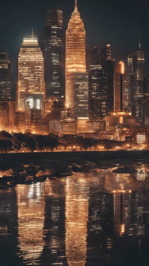 Brightly lit city skyline at night reflected on a glossy river