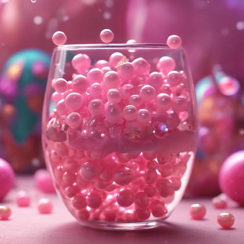 An animated scene of anthropomorphic pink boba pearls having a lively party inside a glass. Tapéta [f49fea8437da4adc9eee]