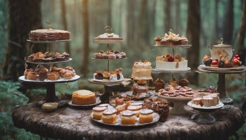 Uma mesa de chá extravagante repleta de bolos e doces excêntricos na floresta.