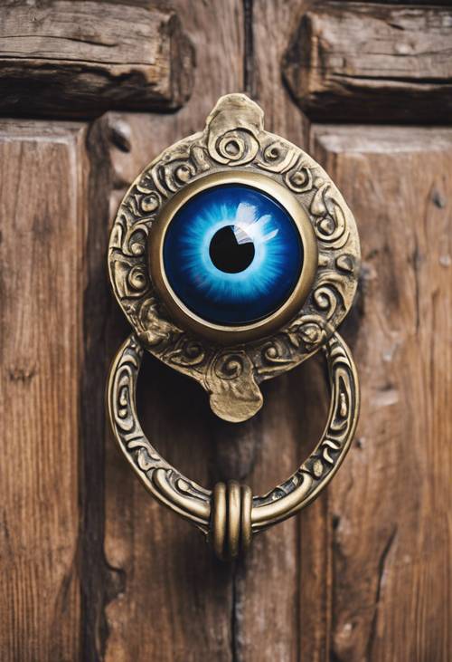 A large vintage evil eye doorknocker cast in solid brass on a weathered wooden door.