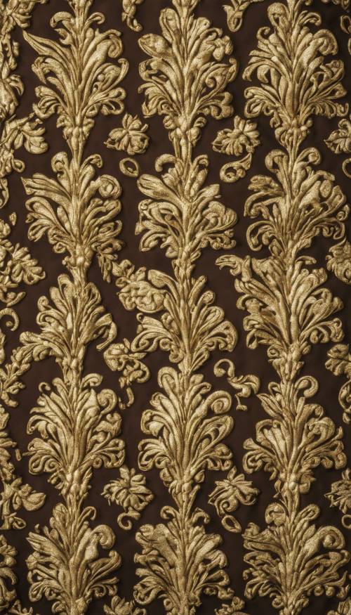 Tampilan detail dan dekat dari pola rumit kain damask emas.