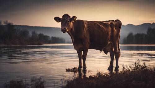 Uma vaca marrom iluminada pelo luar, parada perto de um rio tranquilo.