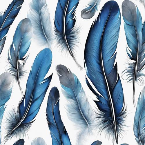 Patrón sin costuras de varias plumas en tonos azules sobre un fondo blanco.