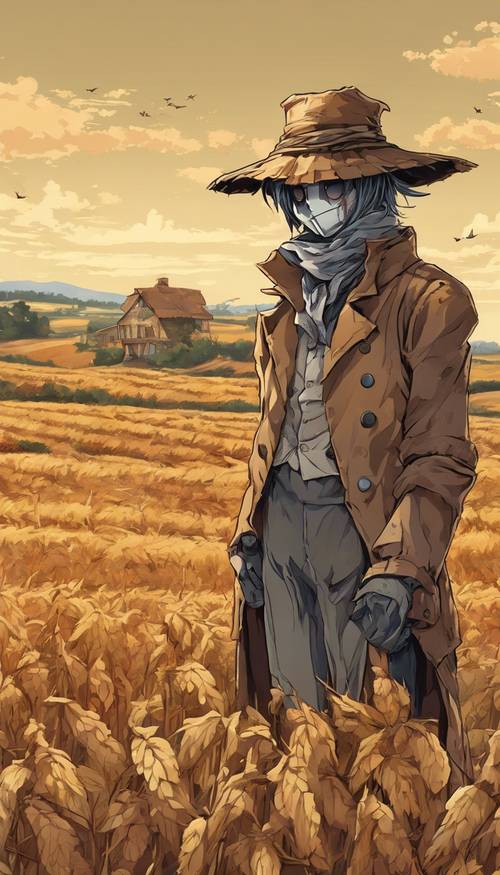 Lukisan gaya anime pedesaan tentang orang-orangan sawah yang menghadap ke ladang panen pada pagi Thanksgiving yang sejuk.