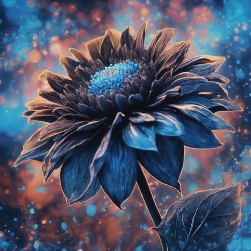 Ein surreales Gemälde einer leuchtend schwarzen und blauen Blume vor einem psychedelischen Hintergrund.