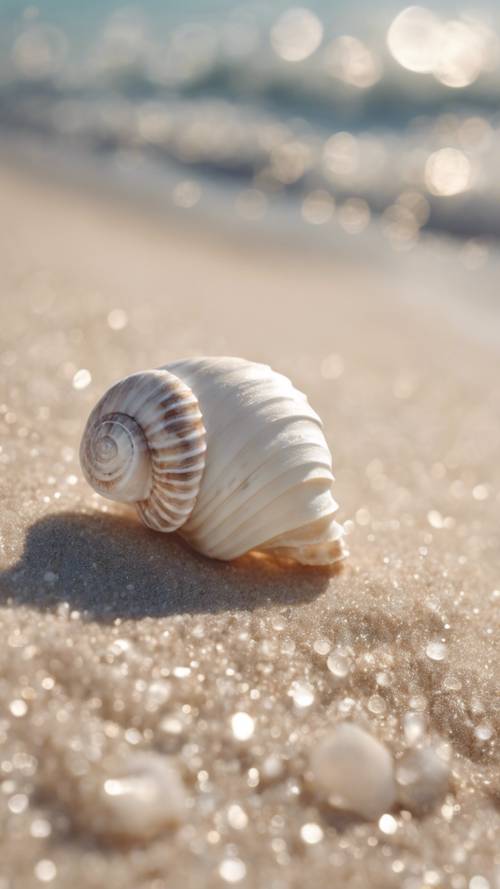 Conchiglia di marmo bianco scintillante sulla sabbia calda della spiaggia estiva