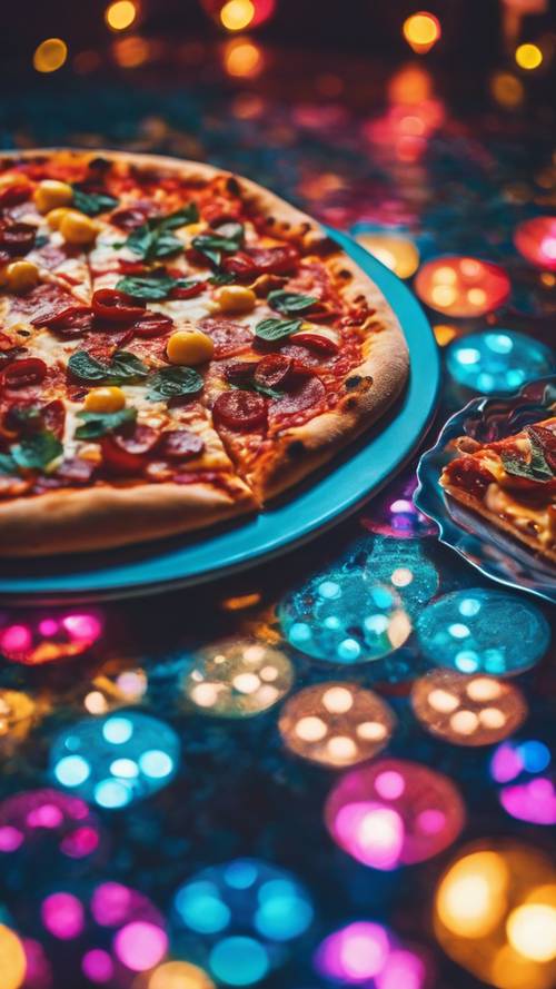 Pizza fantastica con condimenti psichedelici in una festa in discoteca a tema anni &#39;70.