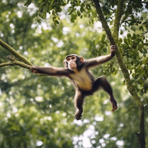 Eine laute Affenherde, die durch die Zweige eines weitläufigen Walddachs springt.