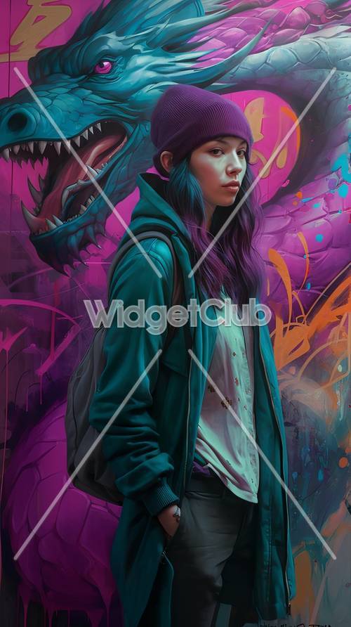 Dziewczyna i kolorowy smok graffiti