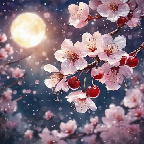 日式水彩畫，描繪在柔和月光下綻放的櫻花。