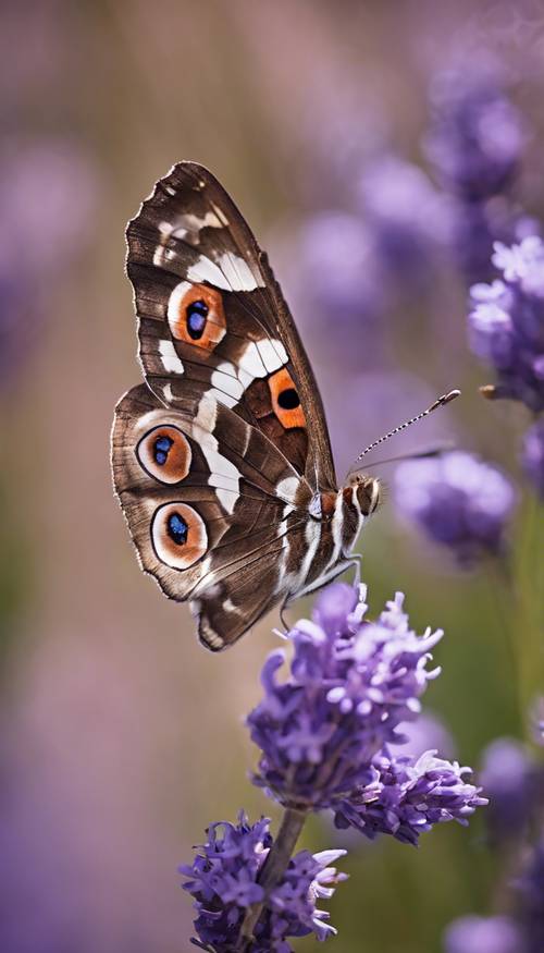 Un vibrante primo piano di una farfalla imperatrice viola appollaiata su un fiore di lavanda in fiore. Sfondo [d572f75e7b364976affd]