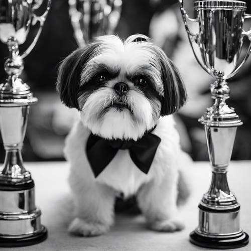 A black and white Shih Tzu with a topknot ribbon standing by its trophies after winning a dog show.