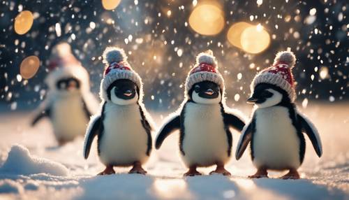 Um desfile festivo de pequenos pinguins marchando em meio à neve que cai, carregando estrelinhas e faixas celebrando o Ano Novo.