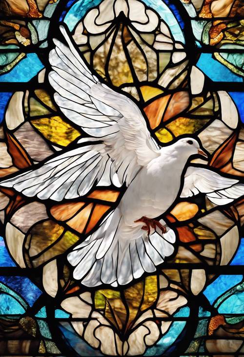평화와 순수함을 발산하는 비둘기를 묘사한 현대 스테인드글라스 예술품입니다.