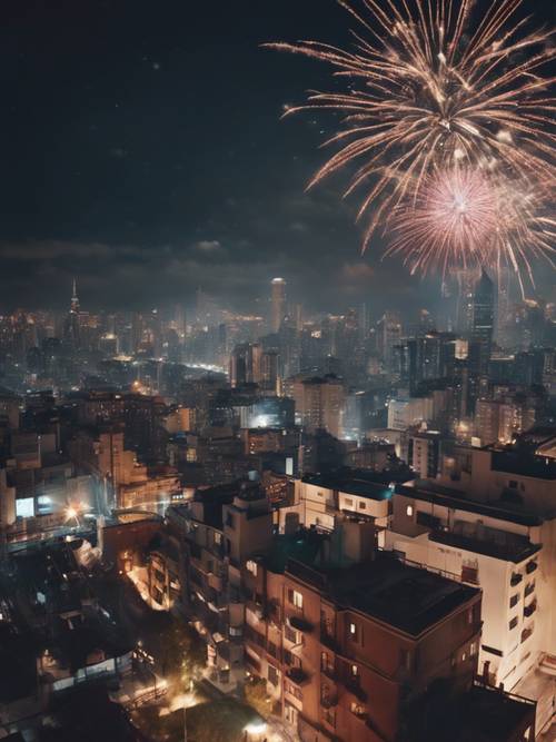 Rooftop view of an aesthetic cityscape with New Year's Eve fireworks.