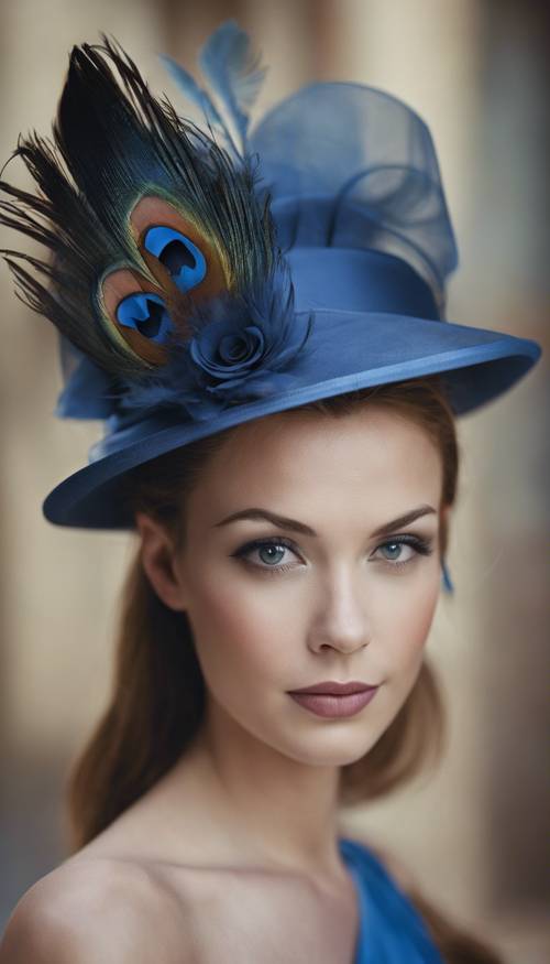 復古藍色絲質帽子，飾有豐富的羽毛。