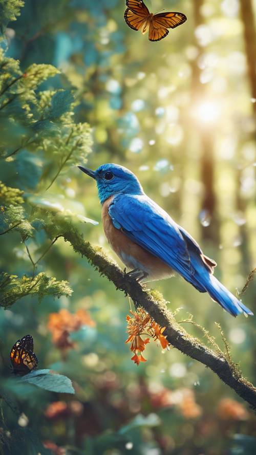 A playful blue bird chasing a vibrant butterfly through a sun-dappled forest
