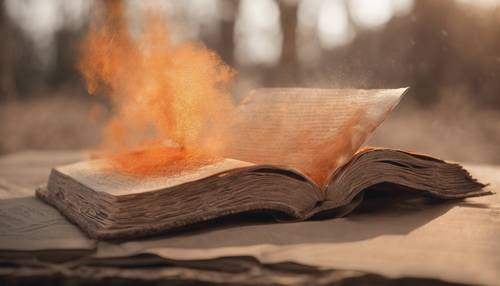 Ein altes, verwittertes Buch, das mit Worten geöffnet wurde, die in einer orangefarbenen Aura lebendig werden