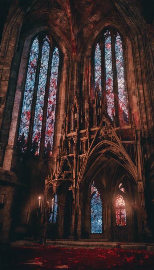 Una cattedrale gotica immersa nella luce della luna con vetrate color sangue.
