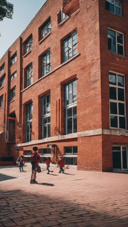 분주한 운동장이 있는 붉은 벽돌 학교 건물. 벽지 [ad6fc83c4b4c4f84a7a5]