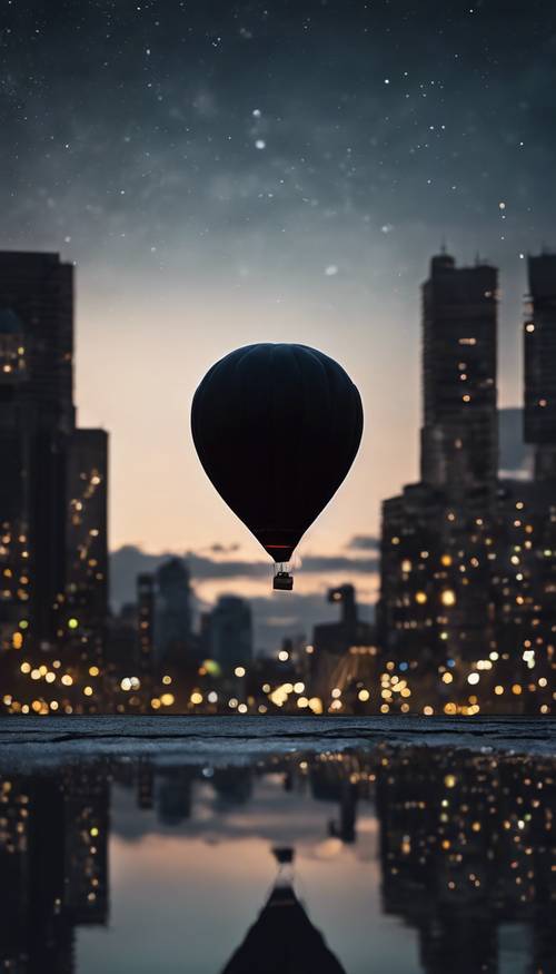 Ein einzelner schwarzer Ballon schwebt in einem dunklen Nachthimmel, im Hintergrund schimmern die Lichter der Stadt