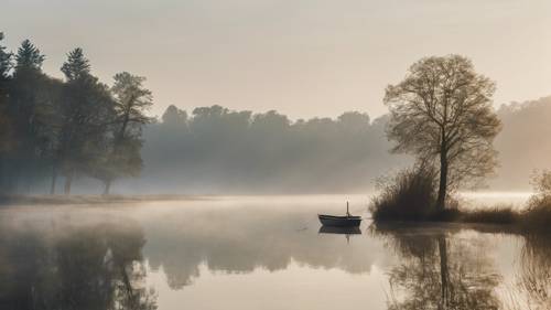 A serene image of an early morning mist rolling over a calm lake, with 'Simplicity is the ultimate sophistication' etched in the mist.