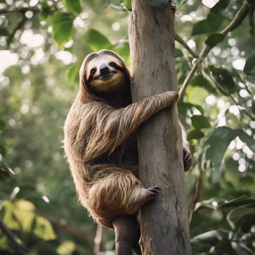 An adult sloth training its youngling to climb a tall tree.