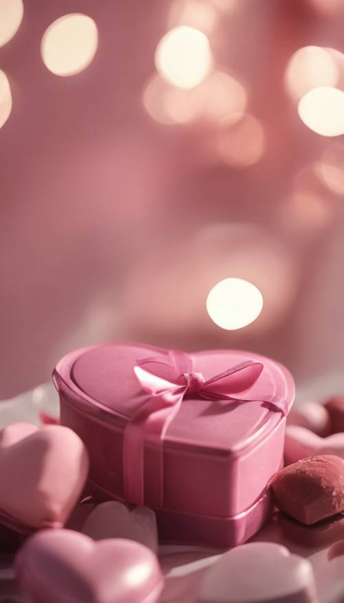 علبة شوكولاتة وردية اللون غير مفتوحة على شكل قلب في أجواء رومانسية