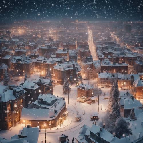 נוף עירוני מכוסה בשלג אבקתי טרי, מואר באורות עיר זוהרים רכים תחת שמי הלילה החורפי.