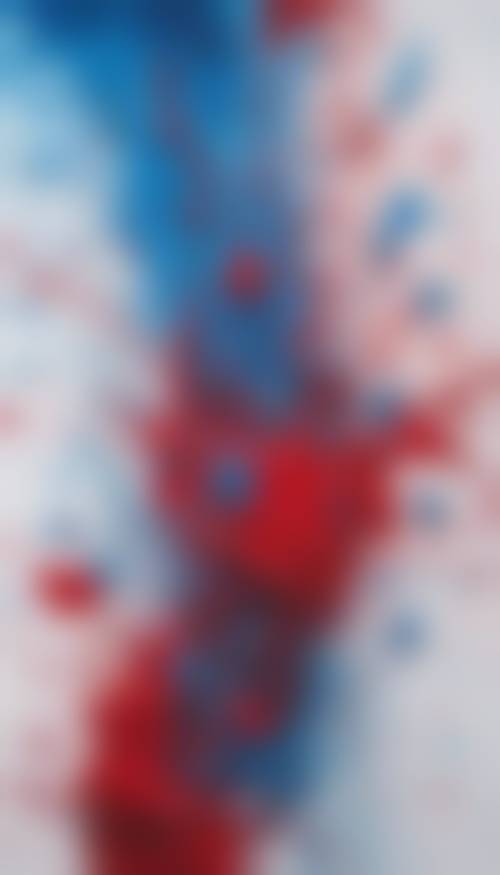 Un dipinto astratto con schizzi di blu freddo e rosso caldo su una tela bianca.