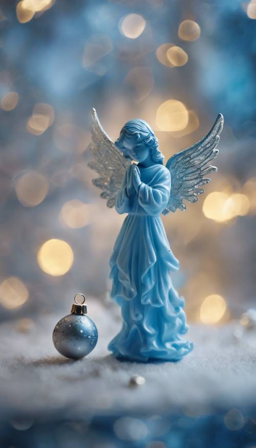 Un etéreo adorno navideño de ángel azul que brilla suavemente.