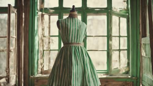 오래된 나무 마네킹에 빈티지 녹색 줄무늬 드레스를 입혔습니다.