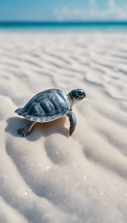 Uma pequena tartaruga bebê tendo como pano de fundo a areia branca, caminhando em direção ao mar azul cintilante.