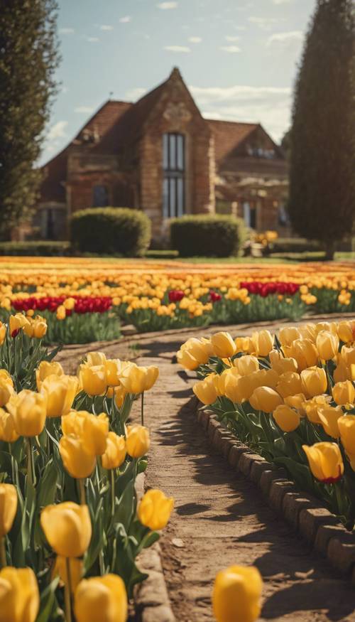 Un pozzo rivestito di mattoni gialli circondato da rustici giardini di tulipani alla luce del sole di mezzogiorno.