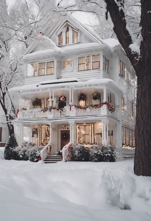 Uma casa vitoriana coberta de neve com painéis de madeira branca e adornada com decorações natalinas.