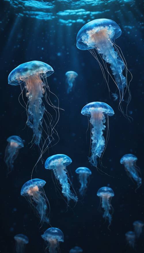 一群發光的藍色水母在黑暗的海洋背景中，它們的身體閃閃發光。