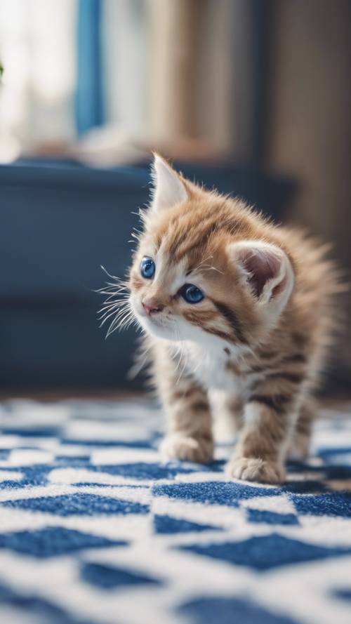 Seekor anak kucing lucu bermain di karpet kotak-kotak biru dan putih.
