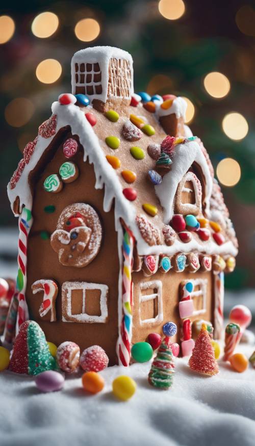 Uma casa de gengibre adornada com doces coloridos em uma paisagem de Natal com neve.