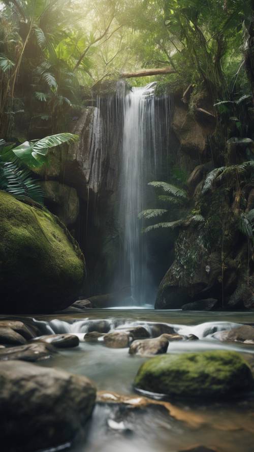 A serene waterfall in a rainforest, with 'Let things flow naturally forward in whatever way they like' carved into a nearby stone.