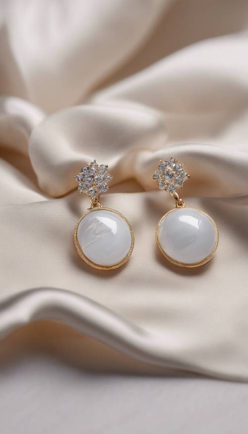 A pair of white stone earrings lying delicately on a satin cloth. Tapet [7c30429d742948629bda]