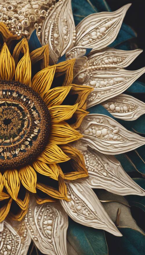 特写：一朵向日葵，上面覆盖着波西米亚风格的曼陀罗图案。
