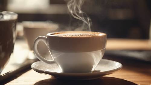 A close-up image of a freshly brewed cup of brown coffee with white steam rising under morning sunlight