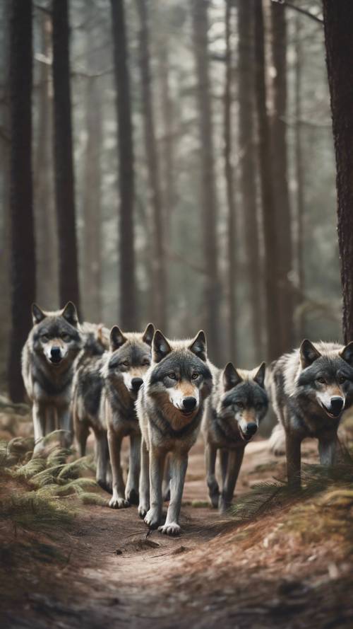 Antyczny obraz przedstawiający stado szarych wilków poruszających się cicho przez gęsty las sosnowy.
