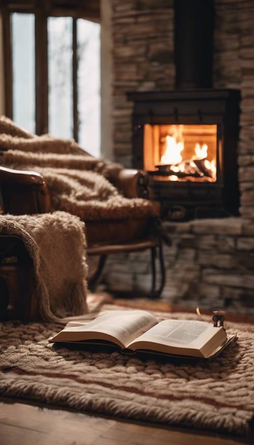 Delikatnie oświetlony pokój z trzaskającym kominkiem w rogu, przytulnym dywanikiem i wygodnym krzesłem z otwartą książką.